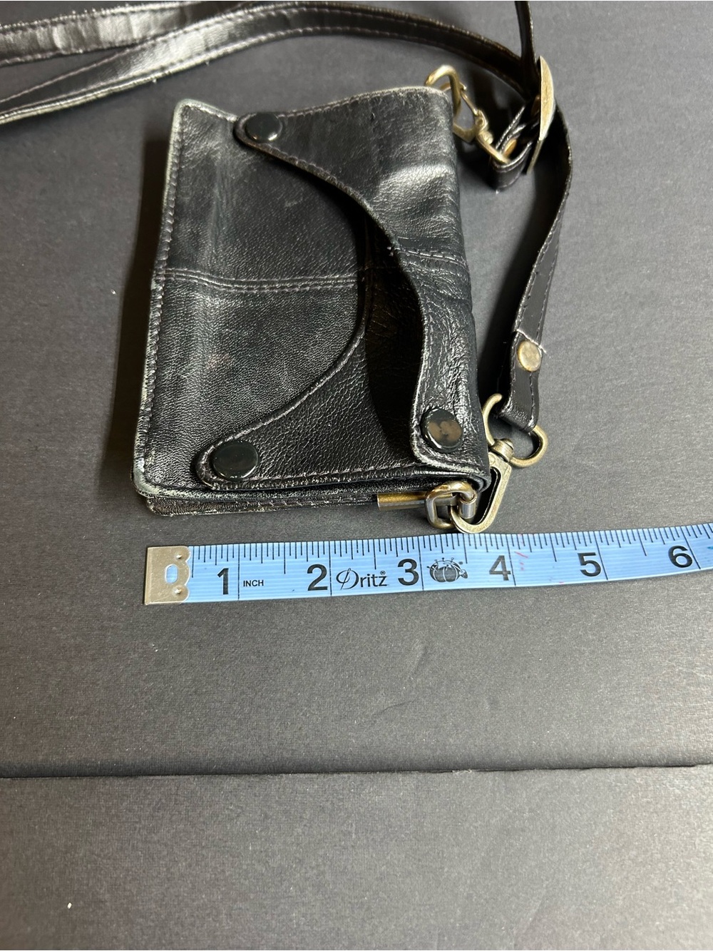 Women's Black Leather Crossbody Wallet  w/ snap closure & slim adjustable strap‎ - Picture 7 of 7